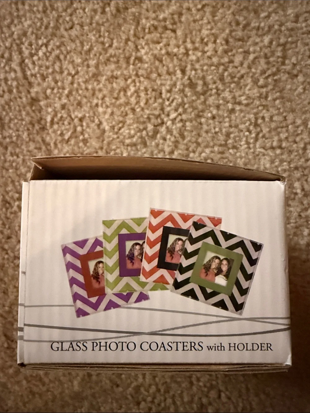 Malden Glass Photo Coasters with Holder - Green Chevron and Purple Accent